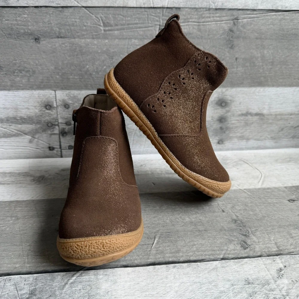 L'Amour Girls Brown Shimmer Leather Ankle Boots Scalloped Detail F-620 Size 9